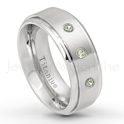 0.21ctw Peridot & Diamond 3-Stone Ring - August Birthstone Ring - 8mm Satin Finish Stepped Edge Comfort Fit Titanium Wedding Ring TM258-PD