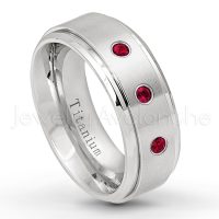 0.21ctw Ruby 3-Stone Ring - July Birthstone Ring - 8mm Satin Finish Stepped Edge Comfort Fit Titanium Wedding Ring TM258-RB