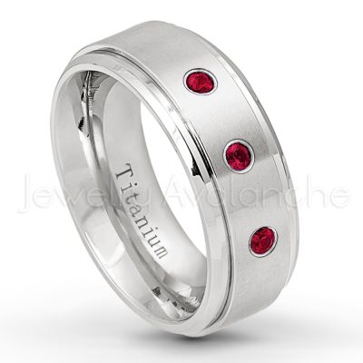 0.21ctw Ruby & Diamond 3-Stone Ring - July Birthstone Ring - 8mm Satin Finish Stepped Edge Comfort Fit Titanium Wedding Ring TM258-RB