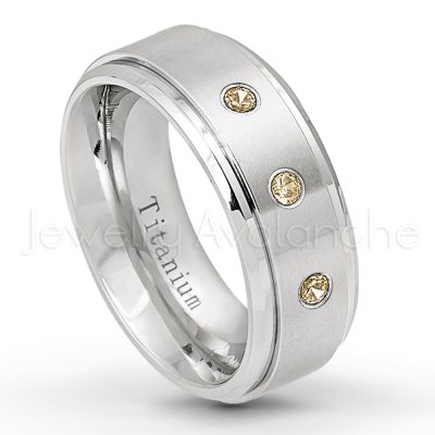 0.21ctw Smokey Quartz & Diamond 3-Stone Ring - November Birthstone Ring - 8mm Satin Finish Stepped Edge Comfort Fit Titanium Wedding Ring TM258-SMQ