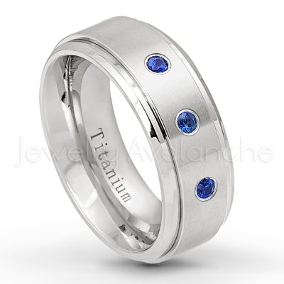 0.21ctw Blue Sapphire & Diamond 3-Stone Ring - September Birthstone Ring - 8mm Satin Finish Stepped Edge Comfort Fit Titanium Wedding Ring TM258-SP