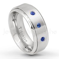 0.21ctw Blue Sapphire 3-Stone Ring - September Birthstone Ring - 8mm Satin Finish Stepped Edge Comfort Fit Titanium Wedding Ring TM258-SP