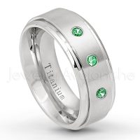 0.21ctw Tsavorite 3-Stone Ring - January Birthstone Ring - 8mm Satin Finish Stepped Edge Comfort Fit Titanium Wedding Ring TM258-TVR