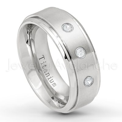0.21ctw White & Black Diamond 3-Stone Ring - April Birthstone Ring - 8mm Satin Finish Stepped Edge Comfort Fit Titanium Wedding Ring TM258-WD