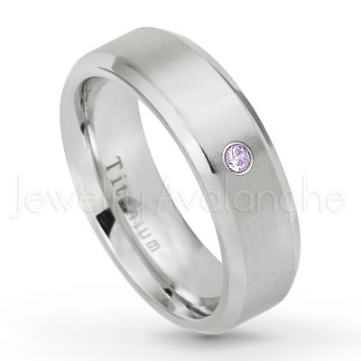 0.21ctw Amethyst & Diamond 3-Stone Ring - February Birthstone Ring - 7mm Satin Finish Beveled Edge Comfort Fit Titanium Wedding Ring TM260-AMT
