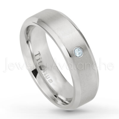 0.21ctw Diamond & Aquamarine 3-Stone Ring - March Birthstone Ring - 7mm Satin Finish Beveled Edge Comfort Fit Titanium Wedding Ring TM260-AQM