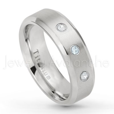 0.21ctw Diamond & Aquamarine 3-Stone Ring - March Birthstone Ring - 7mm Satin Finish Beveled Edge Comfort Fit Titanium Wedding Ring TM260-AQM