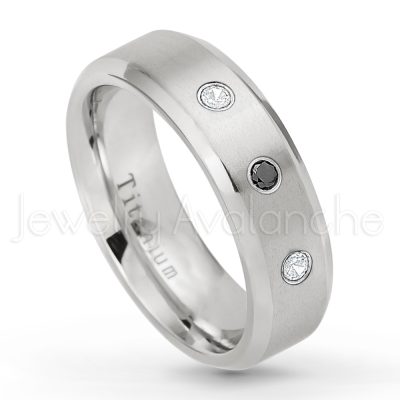 0.21ctw Black Diamond 3-Stone Ring - April Birthstone Ring - 7mm Satin Finish Beveled Edge Comfort Fit Titanium Wedding Ring TM260-BD