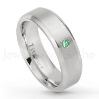 0.07ctw Emerald Solitaire Ring - May Birthstone Ring - 7mm Satin Finish Beveled Edge Comfort Fit Titanium Wedding Ring TM260-ED