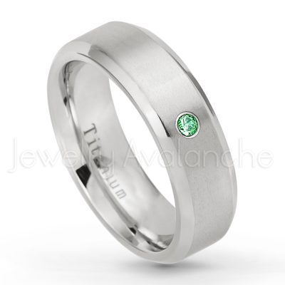 0.21ctw Emerald & Diamond 3-Stone Ring - May Birthstone Ring - 7mm Satin Finish Beveled Edge Comfort Fit Titanium Wedding Ring TM260-ED