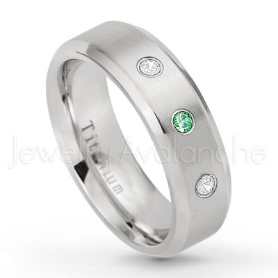 0.21ctw Emerald 3-Stone Ring - May Birthstone Ring - 7mm Satin Finish Beveled Edge Comfort Fit Titanium Wedding Ring TM260-ED