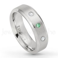 0.21ctw Emerald & Diamond 3-Stone Ring - May Birthstone Ring - 7mm Satin Finish Beveled Edge Comfort Fit Titanium Wedding Ring TM260-ED