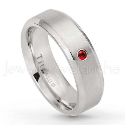 0.21ctw Diamond & Garnet 3-Stone Ring - January Birthstone Ring - 7mm Satin Finish Beveled Edge Comfort Fit Titanium Wedding Ring TM260-GR