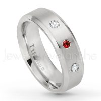 0.21ctw Garnet & Diamond 3-Stone Ring - January Birthstone Ring - 7mm Satin Finish Beveled Edge Comfort Fit Titanium Wedding Ring TM260-GR