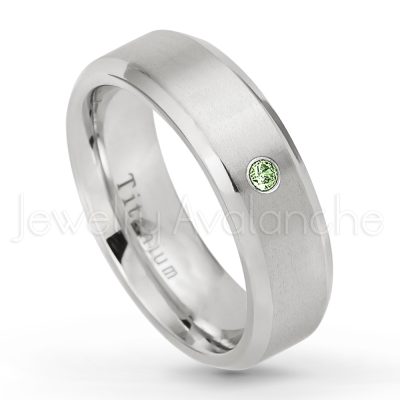0.21ctw Green Tourmaline 3-Stone Ring - October Birthstone Ring - 7mm Satin Finish Beveled Edge Comfort Fit Titanium Wedding Ring TM260-GTM