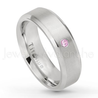 0.21ctw Pink Tourmaline 3-Stone Ring - October Birthstone Ring - 7mm Satin Finish Beveled Edge Comfort Fit Titanium Wedding Ring TM260-PTM