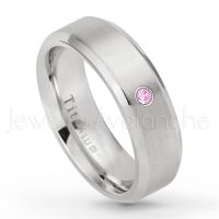 0.07ctw Pink Tourmaline Solitaire Ring - October Birthstone Ring - 7mm Satin Finish Beveled Edge Comfort Fit Titanium Wedding Ring TM260-PTM