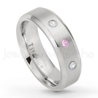 0.21ctw Pink Tourmaline & Diamond 3-Stone Ring - October Birthstone Ring - 7mm Satin Finish Beveled Edge Comfort Fit Titanium Wedding Ring TM260-PTM