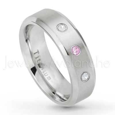 0.07ctw Pink Tourmaline Solitaire Ring - October Birthstone Ring - 7mm Satin Finish Beveled Edge Comfort Fit Titanium Wedding Ring TM260-PTM