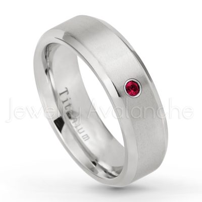 0.21ctw Ruby 3-Stone Ring - July Birthstone Ring - 7mm Satin Finish Beveled Edge Comfort Fit Titanium Wedding Ring TM260-RB