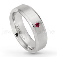 0.07ctw Ruby Solitaire Ring - July Birthstone Ring - 7mm Satin Finish Beveled Edge Comfort Fit Titanium Wedding Ring TM260-RB