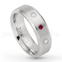 0.21ctw Ruby & Diamond 3-Stone Ring - July Birthstone Ring - 7mm Satin Finish Beveled Edge Comfort Fit Titanium Wedding Ring TM260-RB