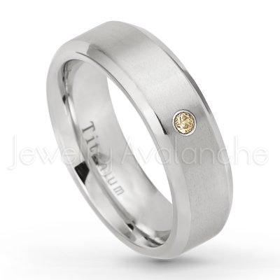 0.21ctw Smokey Quartz 3-Stone Ring - November Birthstone Ring - 7mm Satin Finish Beveled Edge Comfort Fit Titanium Wedding Ring TM260-SMQ