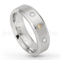 0.21ctw Smokey Quartz & Diamond 3-Stone Ring - November Birthstone Ring - 7mm Satin Finish Beveled Edge Comfort Fit Titanium Wedding Ring TM260-SMQ