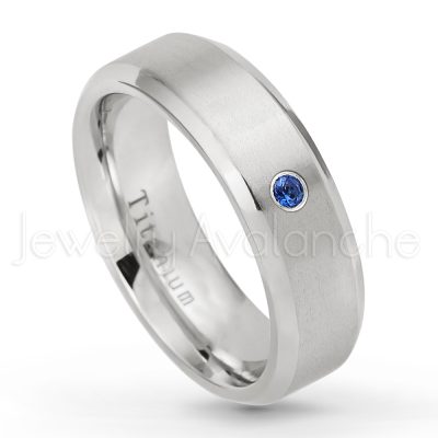 0.21ctw Blue Sapphire & Diamond 3-Stone Ring - September Birthstone Ring - 7mm Satin Finish Beveled Edge Comfort Fit Titanium Wedding Ring TM260-SP