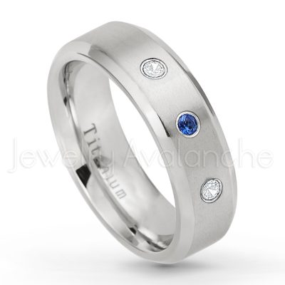 0.21ctw Diamond & Blue Sapphire 3-Stone Ring - September Birthstone Ring - 7mm Satin Finish Beveled Edge Comfort Fit Titanium Wedding Ring TM260-SP