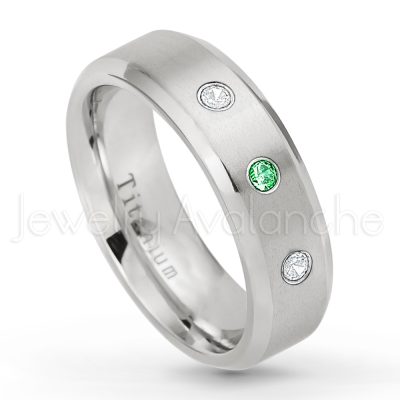0.21ctw Tsavorite 3-Stone Ring - January Birthstone Ring - 7mm Satin Finish Beveled Edge Comfort Fit Titanium Wedding Ring TM260-TVR