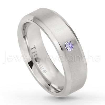 0.21ctw Tanzanite 3-Stone Ring - December Birthstone Ring - 7mm Satin Finish Beveled Edge Comfort Fit Titanium Wedding Ring TM260-TZN