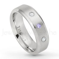 0.21ctw Tanzanite & Diamond 3-Stone Ring - December Birthstone Ring - 7mm Satin Finish Beveled Edge Comfort Fit Titanium Wedding Ring TM260-TZN