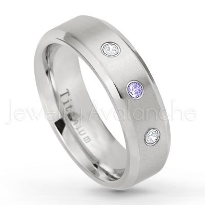 0.21ctw Diamond & Tanzanite 3-Stone Ring - December Birthstone Ring - 7mm Satin Finish Beveled Edge Comfort Fit Titanium Wedding Ring TM260-TZN