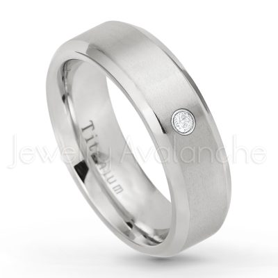 0.21ctw Diamond 3-Stone Ring - April Birthstone Ring - 7mm Satin Finish Beveled Edge Comfort Fit Titanium Wedding Ring TM260-WD