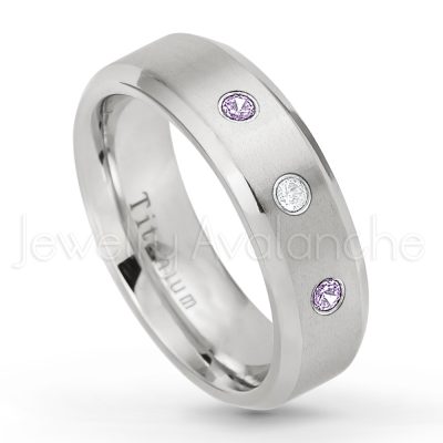 0.21ctw Amethyst 3-Stone Ring - February Birthstone Ring - 7mm Satin Finish Beveled Edge Comfort Fit Titanium Wedding Ring TM260-AMT