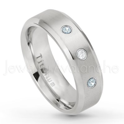0.21ctw Aquamarine & Diamond 3-Stone Ring - March Birthstone Ring - 7mm Satin Finish Beveled Edge Comfort Fit Titanium Wedding Ring TM260-AQM