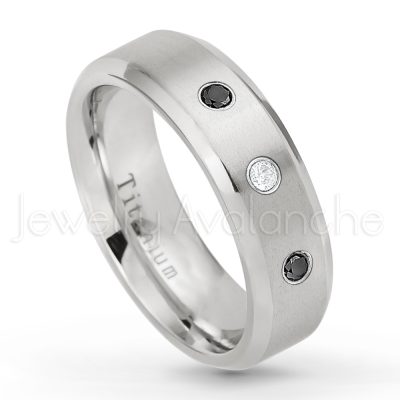 0.07ctw Black Diamond Solitaire Ring - April Birthstone Ring - 7mm Satin Finish Beveled Edge Comfort Fit Titanium Wedding Ring TM260-BD