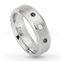 0.21ctw White & Black Diamond 3-Stone Ring - April Birthstone Ring - 7mm Satin Finish Beveled Edge Comfort Fit Titanium Wedding Ring TM260-BD