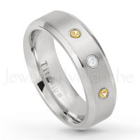 0.21ctw Diamond & Citrine 3-Stone Ring - November Birthstone Ring - 7mm Satin Finish Beveled Edge Comfort Fit Titanium Wedding Ring TM260-CN