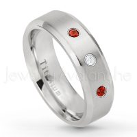 0.21ctw Diamond & Garnet 3-Stone Ring - January Birthstone Ring - 7mm Satin Finish Beveled Edge Comfort Fit Titanium Wedding Ring TM260-GR
