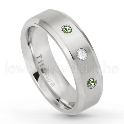 0.21ctw Green Tourmaline & Diamond 3-Stone Ring - October Birthstone Ring - 7mm Satin Finish Beveled Edge Comfort Fit Titanium Wedding Ring TM260-GTM