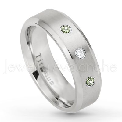 0.21ctw Peridot & Diamond 3-Stone Ring - August Birthstone Ring - 7mm Satin Finish Beveled Edge Comfort Fit Titanium Wedding Ring TM260-PD