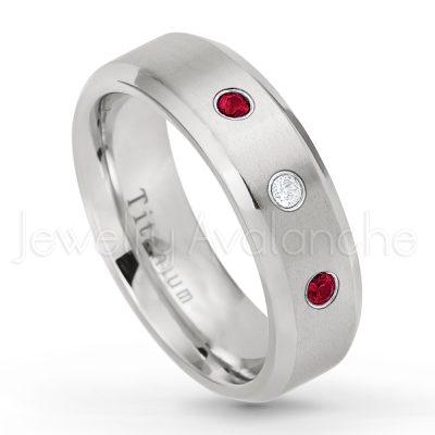 0.21ctw Ruby 3-Stone Ring - July Birthstone Ring - 7mm Satin Finish Beveled Edge Comfort Fit Titanium Wedding Ring TM260-RB