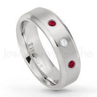 0.21ctw Diamond & Ruby 3-Stone Ring - July Birthstone Ring - 7mm Satin Finish Beveled Edge Comfort Fit Titanium Wedding Ring TM260-RB