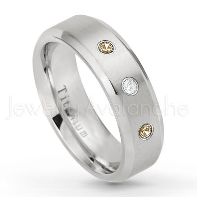 0.07ctw Smokey Quartz Solitaire Ring - November Birthstone Ring - 7mm Satin Finish Beveled Edge Comfort Fit Titanium Wedding Ring TM260-SMQ