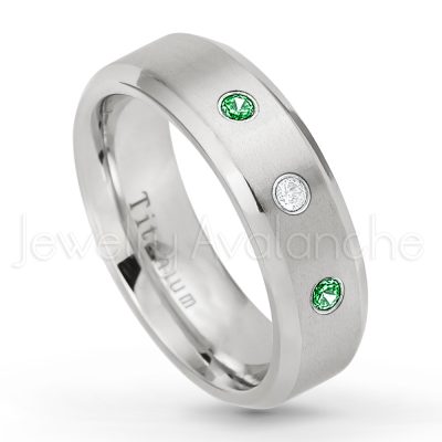 0.21ctw Tsavorite & Diamond 3-Stone Ring - January Birthstone Ring - 7mm Satin Finish Beveled Edge Comfort Fit Titanium Wedding Ring TM260-TVR