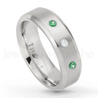 0.21ctw Diamond & Tsavorite 3-Stone Ring - January Birthstone Ring - 7mm Satin Finish Beveled Edge Comfort Fit Titanium Wedding Ring TM260-TVR