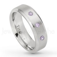 0.21ctw Amethyst 3-Stone Ring - February Birthstone Ring - 7mm Satin Finish Beveled Edge Comfort Fit Titanium Wedding Ring TM260-AMT