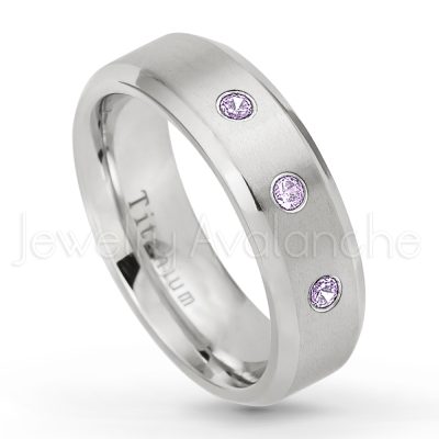 0.21ctw Amethyst & Diamond 3-Stone Ring - February Birthstone Ring - 7mm Satin Finish Beveled Edge Comfort Fit Titanium Wedding Ring TM260-AMT